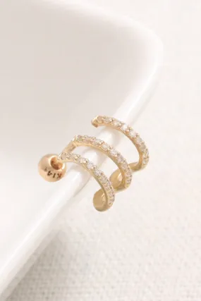 14K 18K Solid Gold CZ Pave Triple Wire Ear Hoop Stud Cartilage Tragus Helix Conch Lobe Piercing Earring