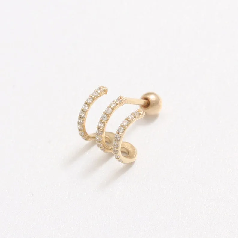 14K 18K Solid Gold CZ Pave Triple Wire Ear Hoop Stud Cartilage Tragus Helix Conch Lobe Piercing Earring