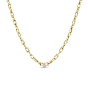 14k Medium Square Oval Link Necklace with Floating Diamond