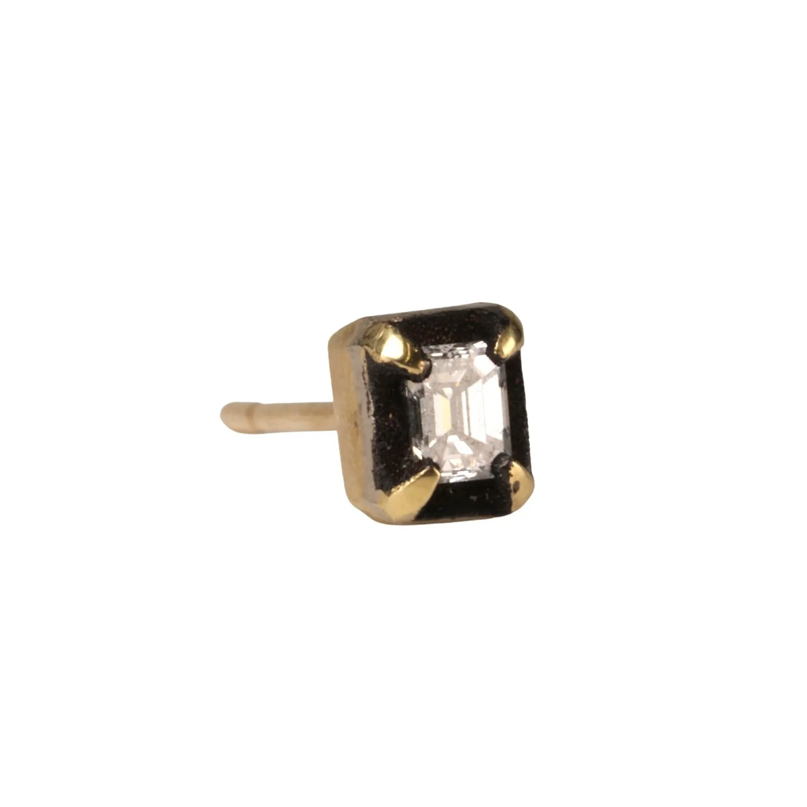 18K Gold Emerald-Cut Diamond Stud with Blackened 14K White Gold Halo