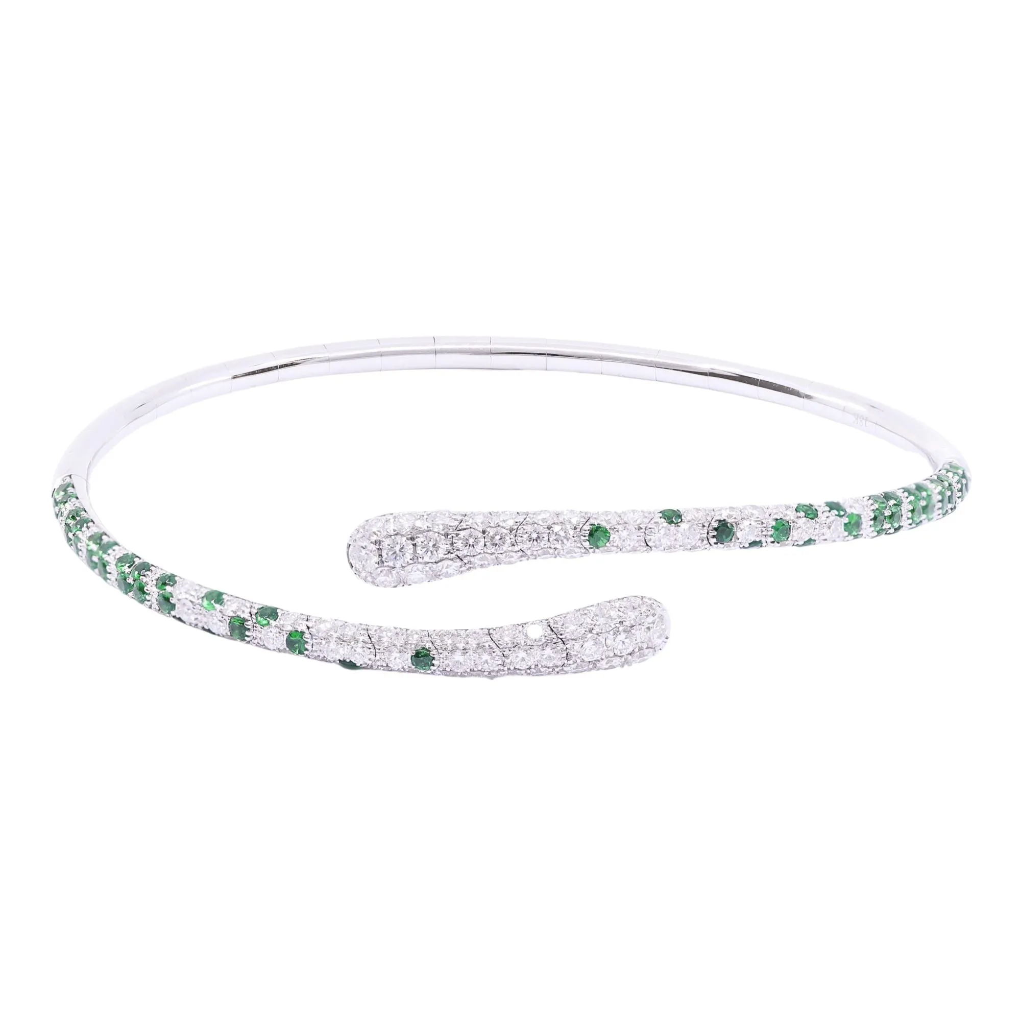 18K WHITE GOLD TSAVORITE GARNET AND DIAMOND FLEXIBLE BYPASS BANGLE BRACELET