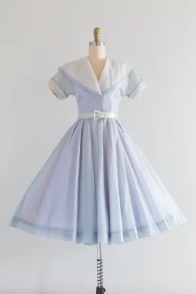 1950's Crystal Blue Silk Organza Party Dress With Shawl Collar / SM