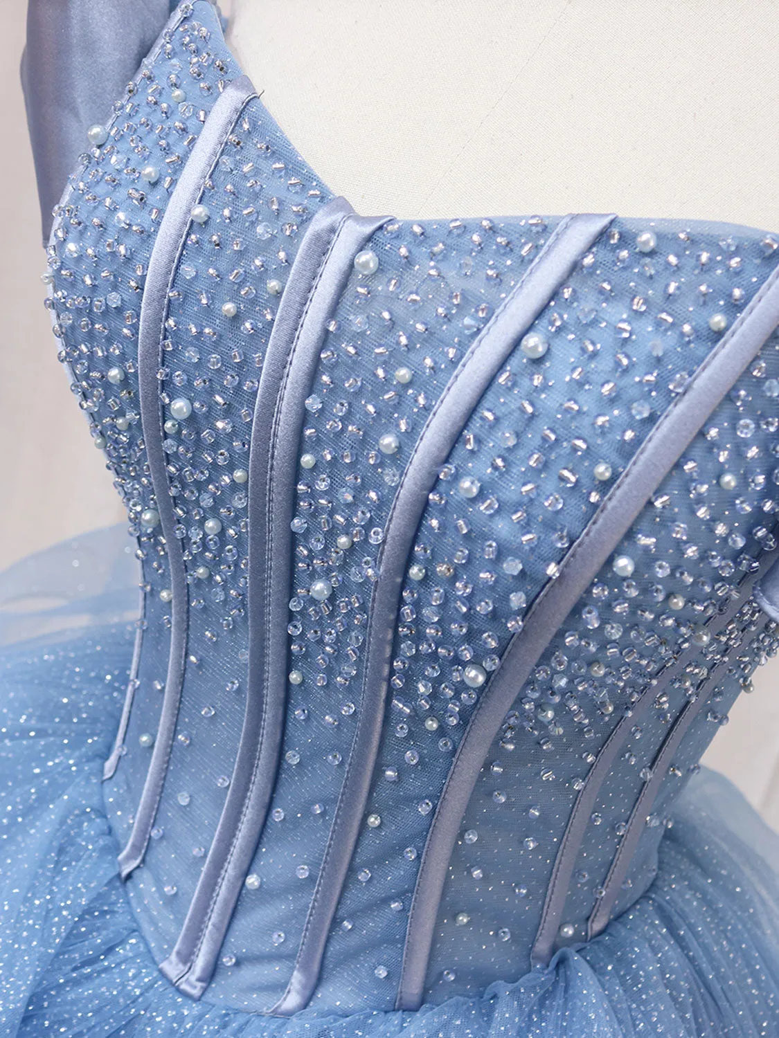 A-Line Blue Tulle Long Prom Dress, Blue Sweet 16 Dress