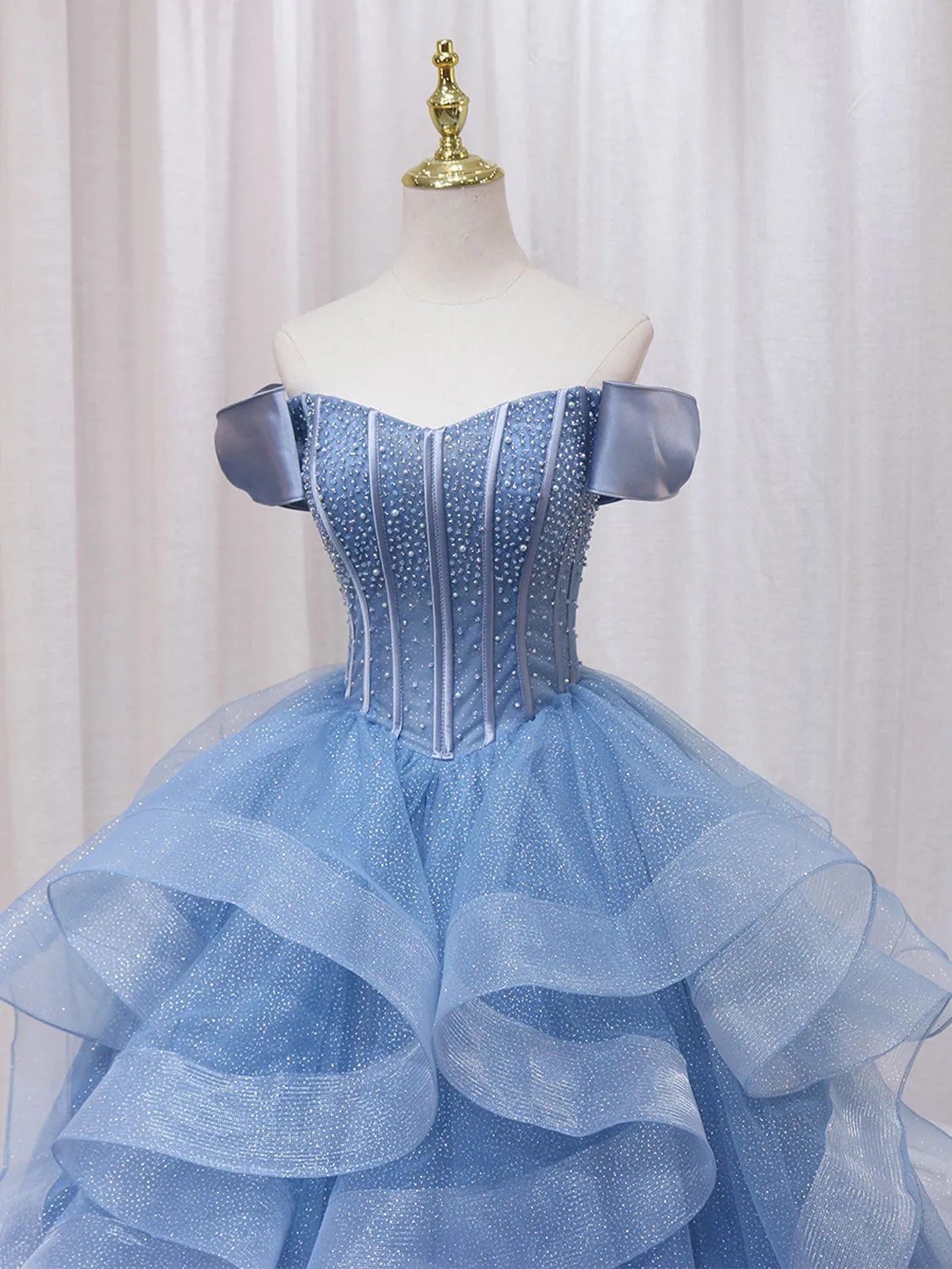 A-Line Blue Tulle Long Prom Dress, Blue Sweet 16 Dress