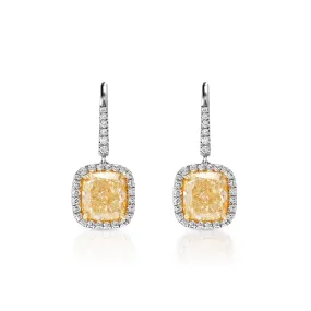 Amaia 7 Carat Yellow Cushion Cut Halo Diamond Leverback Hanging Earrings in Platinum