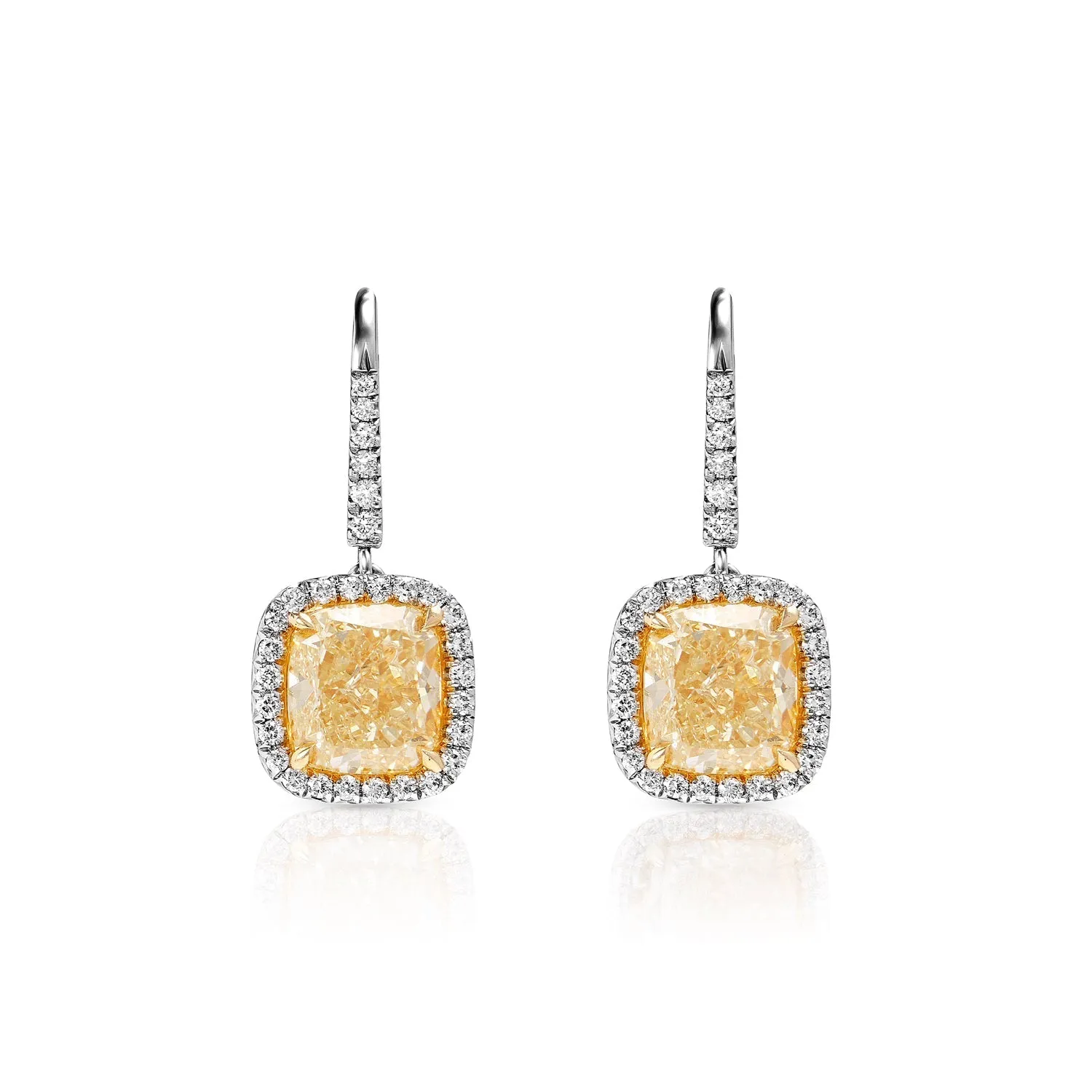 Amaia 7 Carat Yellow Cushion Cut Halo Diamond Leverback Hanging Earrings in Platinum