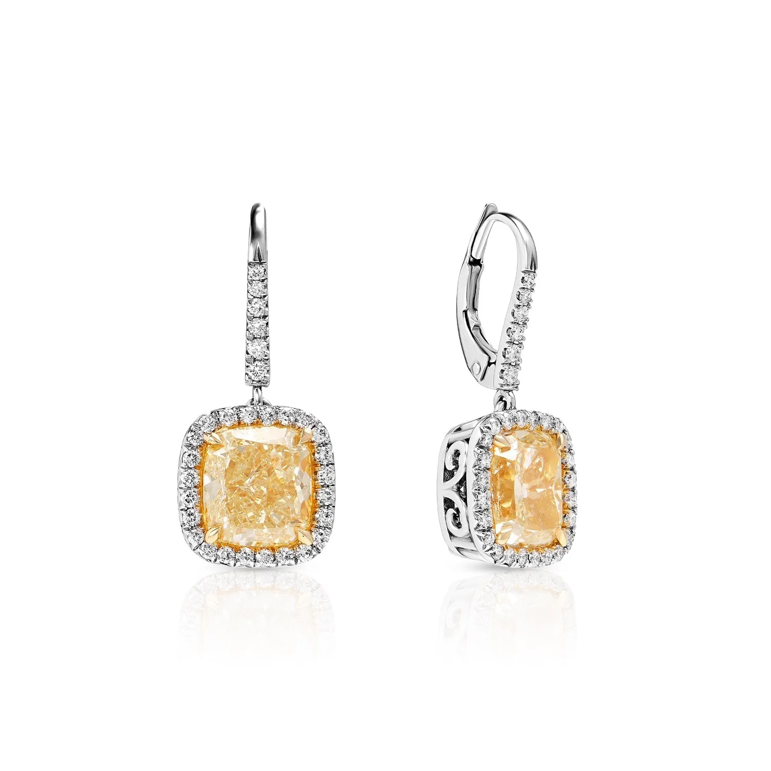 Amaia 7 Carat Yellow Cushion Cut Halo Diamond Leverback Hanging Earrings in Platinum