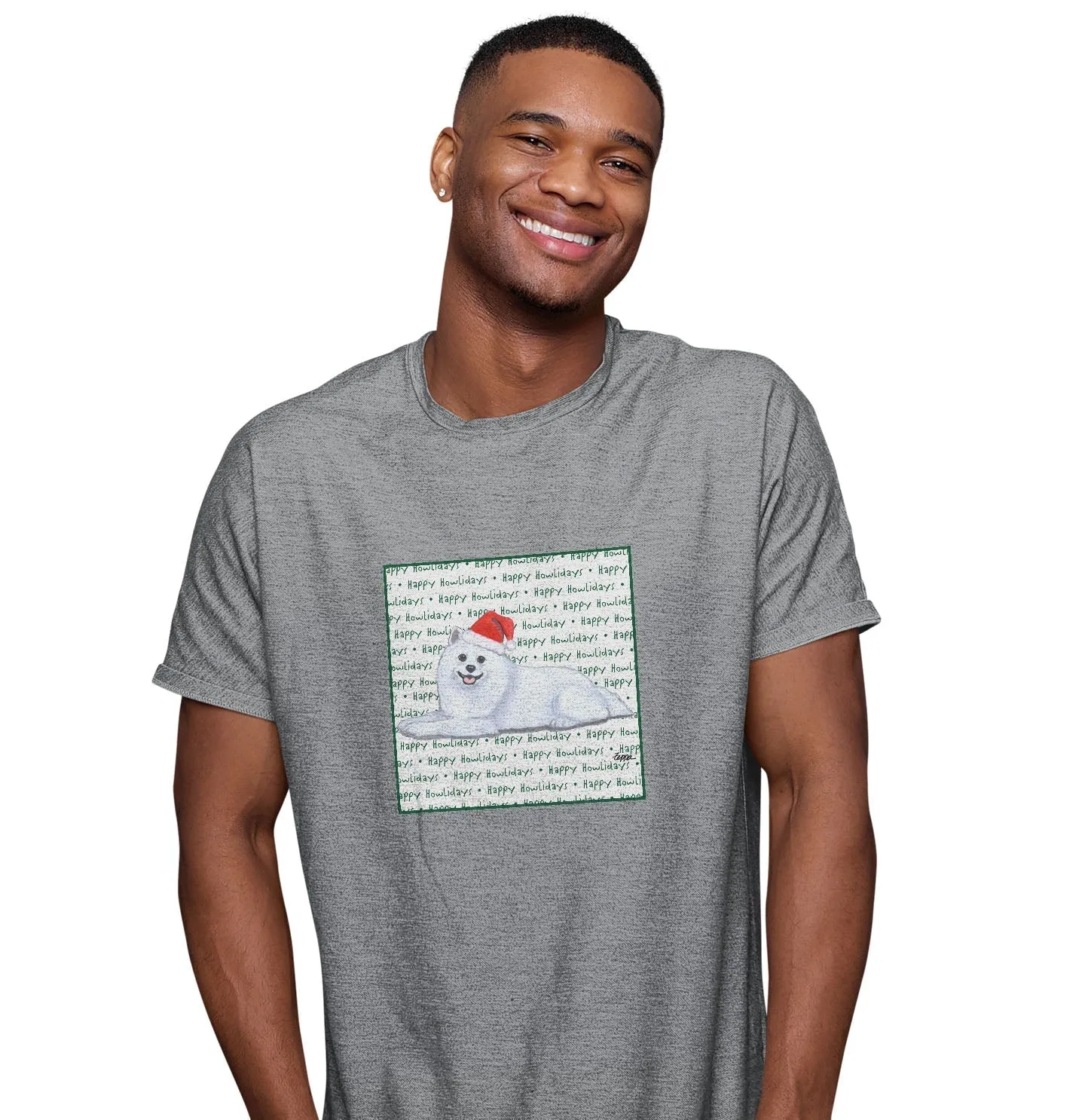 American Eskimo Dog Happy Howlidays Text - Adult Unisex T-Shirt