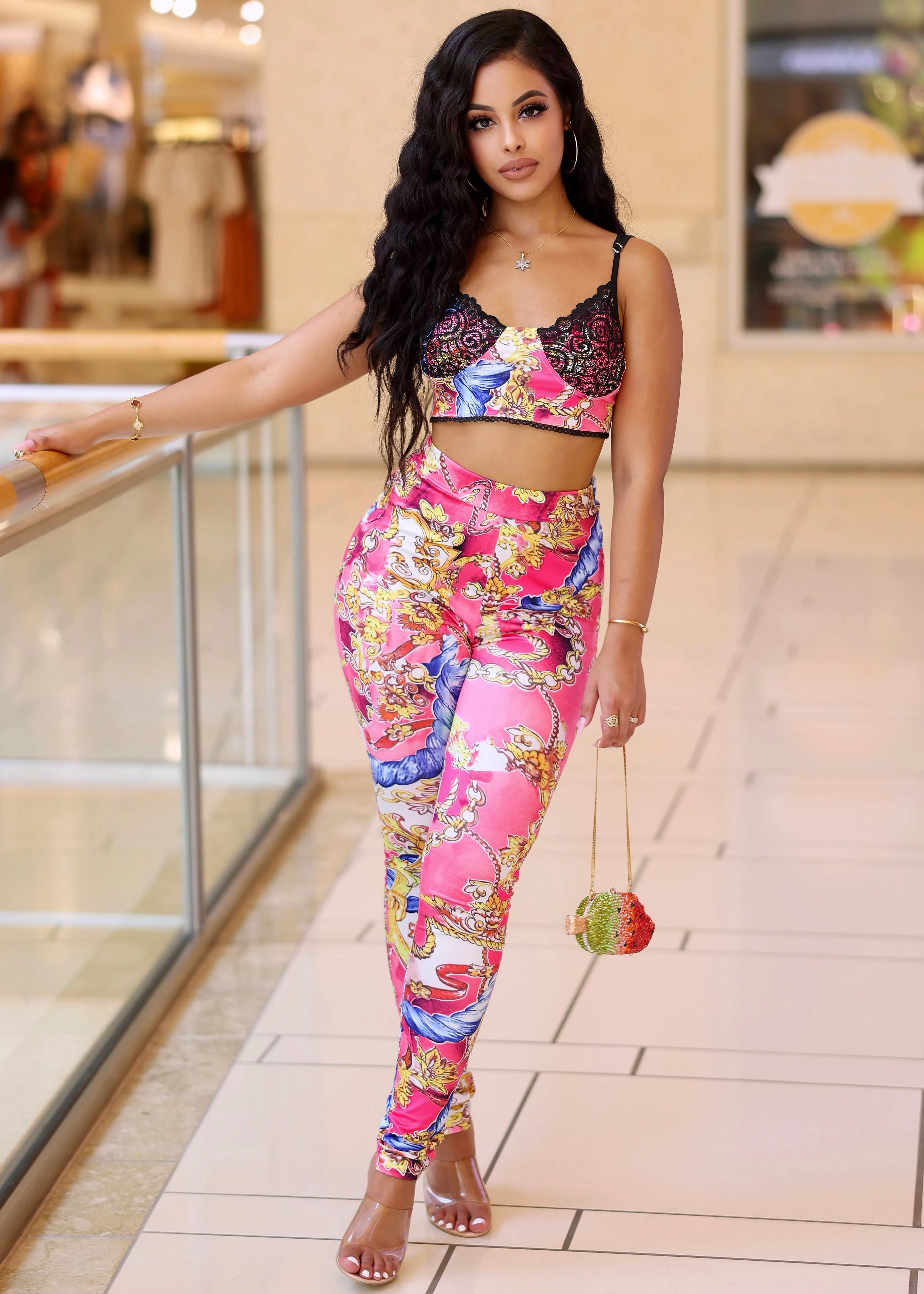 Ansley Multi Printed Lace Bra Top And Pants Set