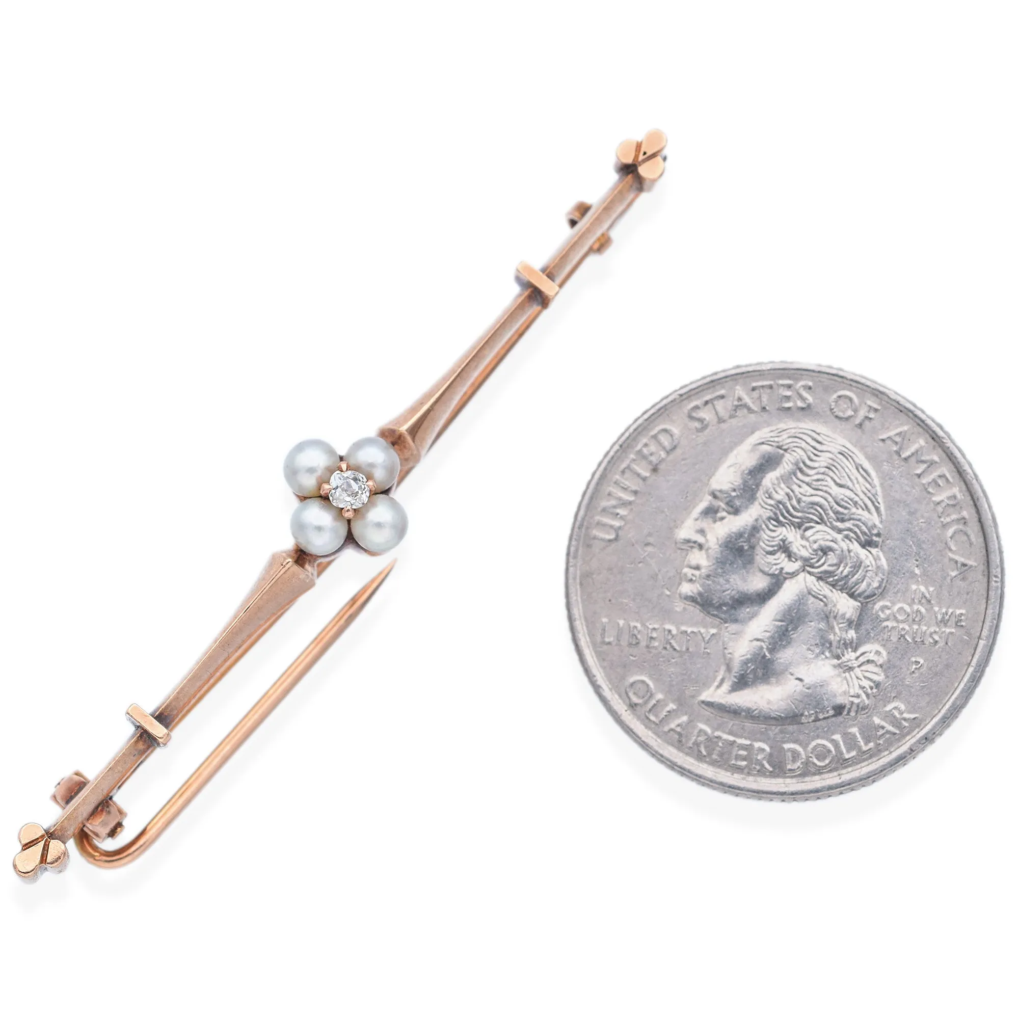 Antique 14K Yellow Gold Pearl & Diamond Bar Brooch Pin