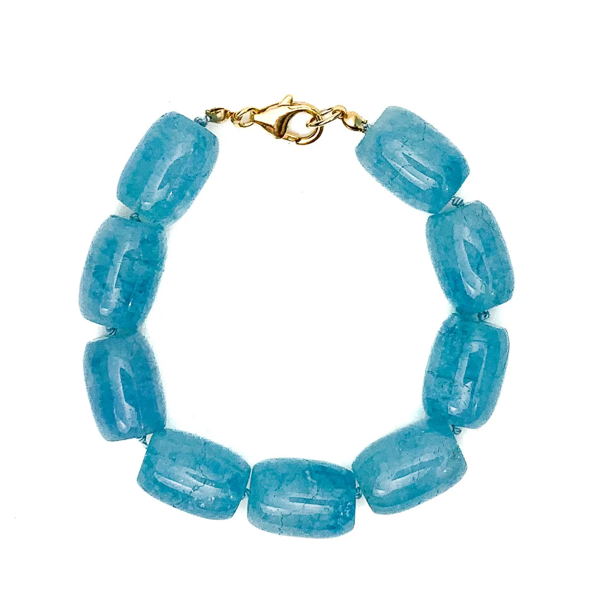 Aquamarine Smooth Barrel Knotted Bracelet With Gold-Filled Trigger Clasp