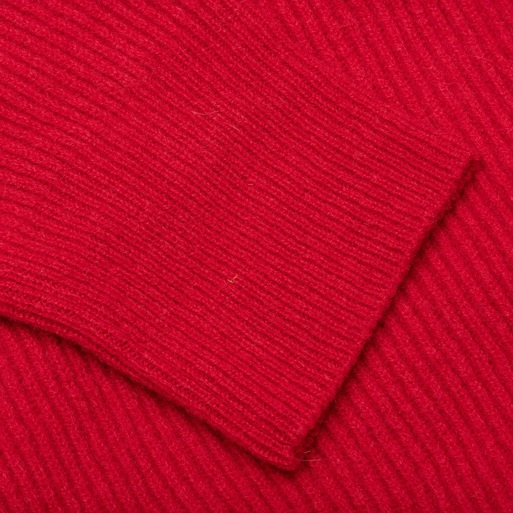 Big Ribbed Knit Cardigan With Fabric Lining - Red