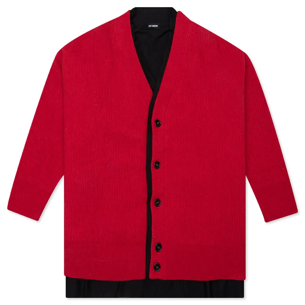 Big Ribbed Knit Cardigan With Fabric Lining - Red