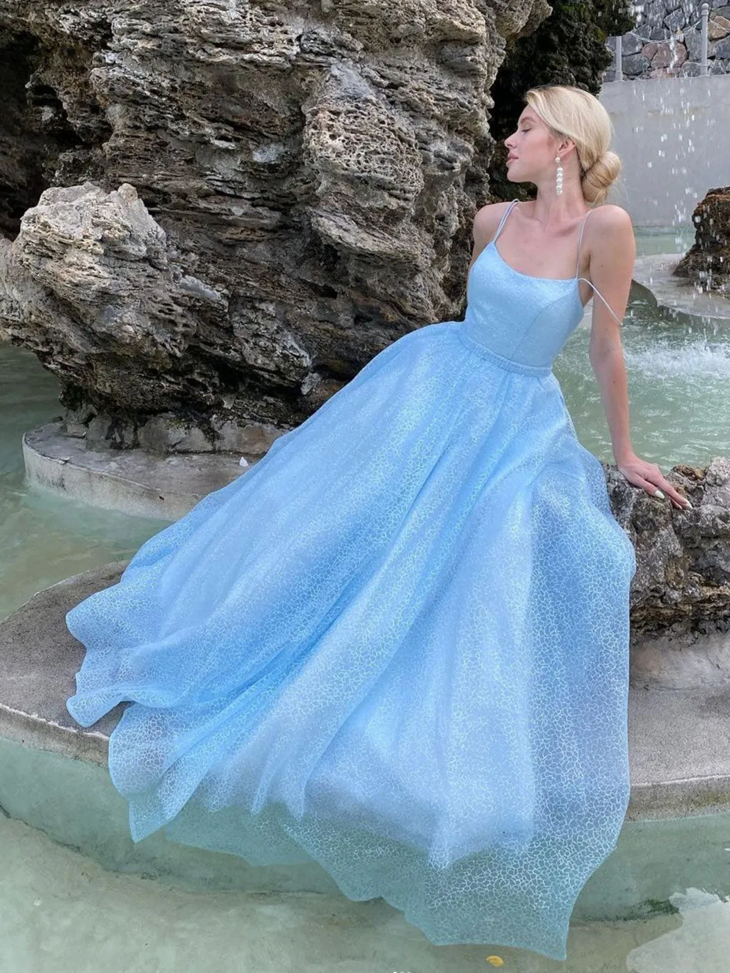 Blue A line tulle sequin long prom dress, blue tulle formal dress