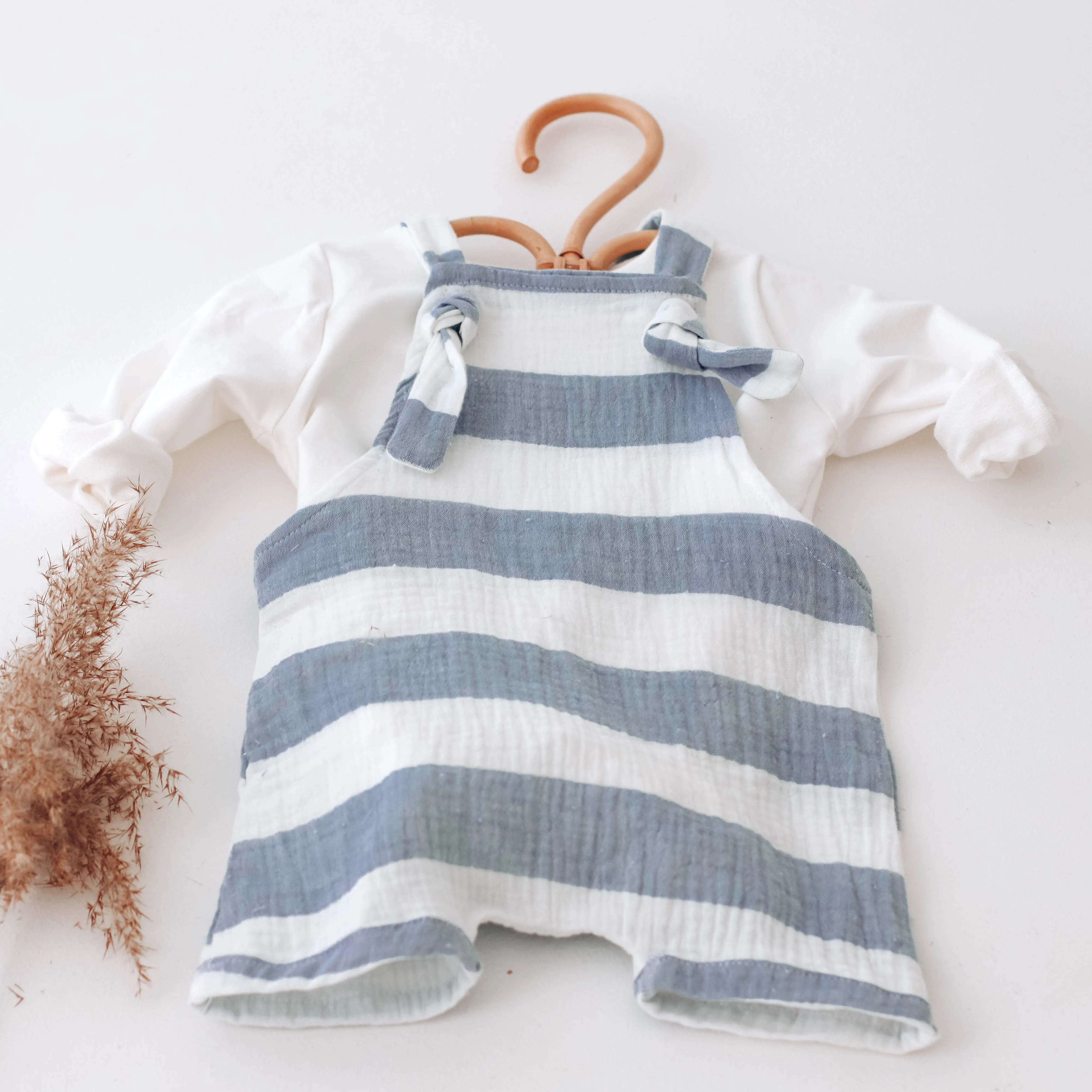 Blue Stipe Muslin short leg dungarees