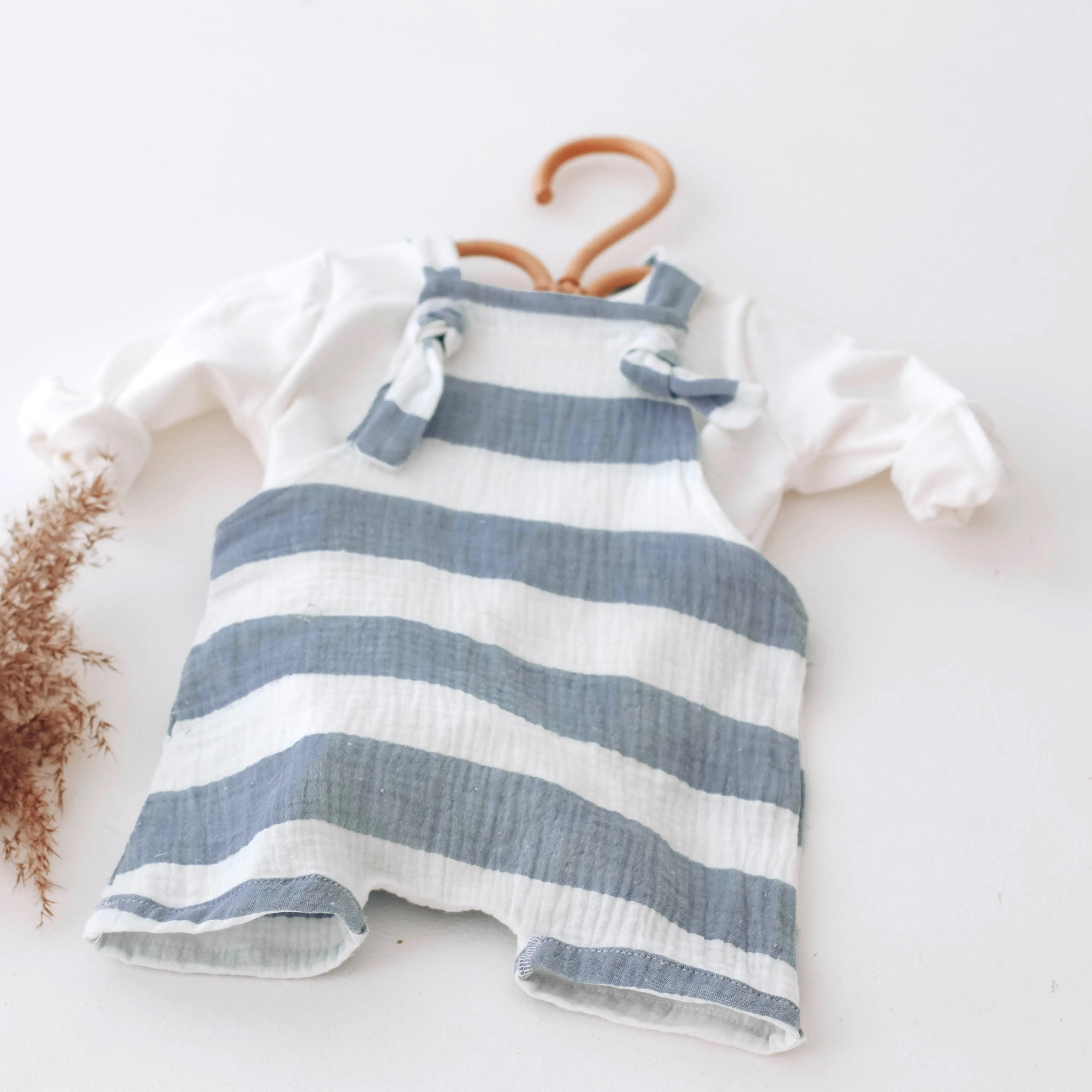 Blue Stipe Muslin short leg dungarees