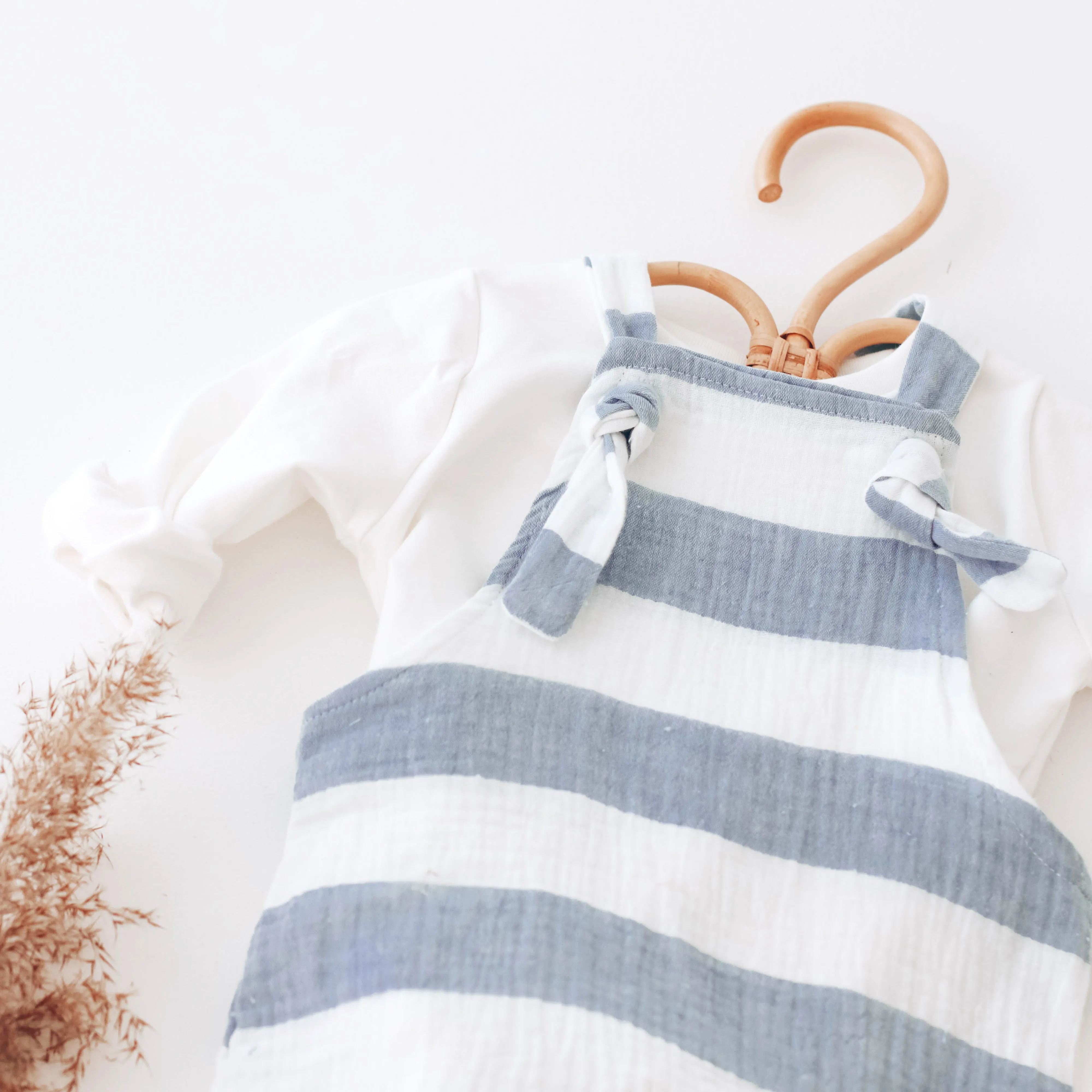 Blue Stipe Muslin short leg dungarees