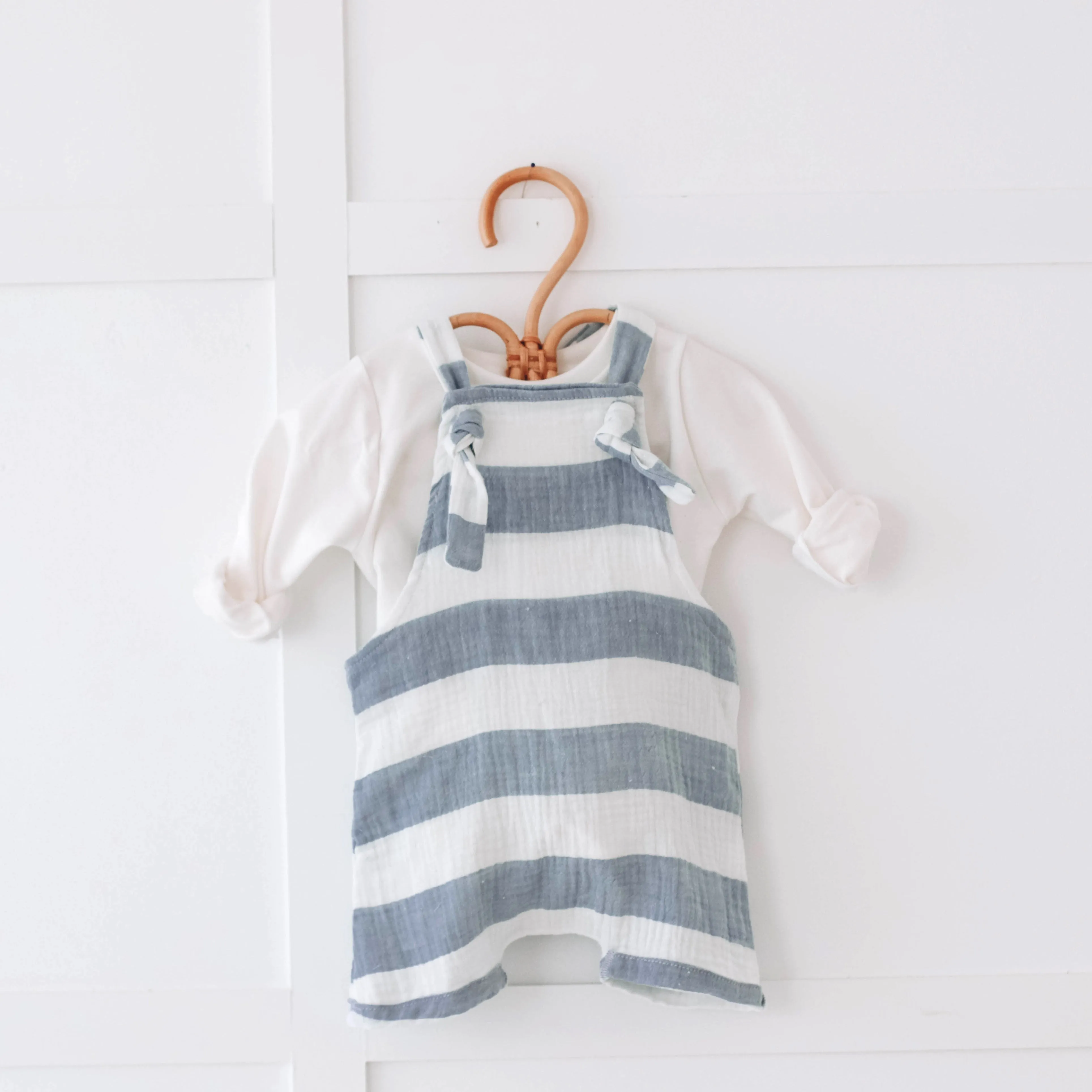 Blue Stipe Muslin short leg dungarees