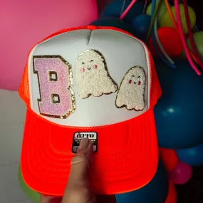 Boo Chenille Trucker Hats in Neon Orange