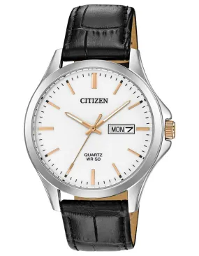 Citizen Quartz Mens Watch - Stainless Steel - White Dial - Day/Date - Leather