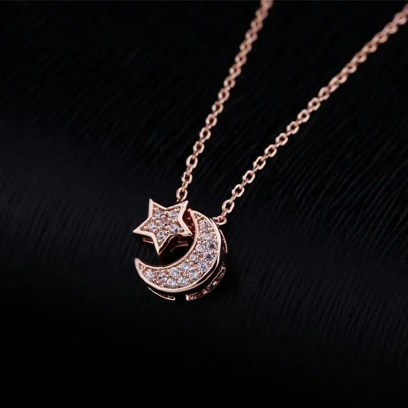 CZ Crystal Paved Moon Star l Chain Necklace Silver- 2 Colors