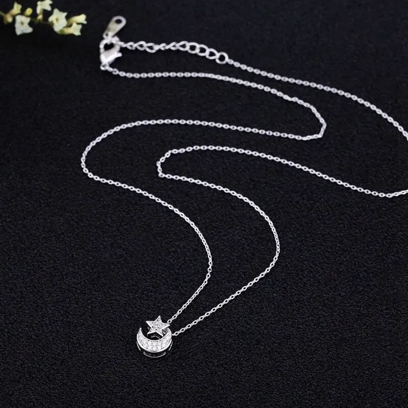 CZ Crystal Paved Moon Star l Chain Necklace Silver- 2 Colors