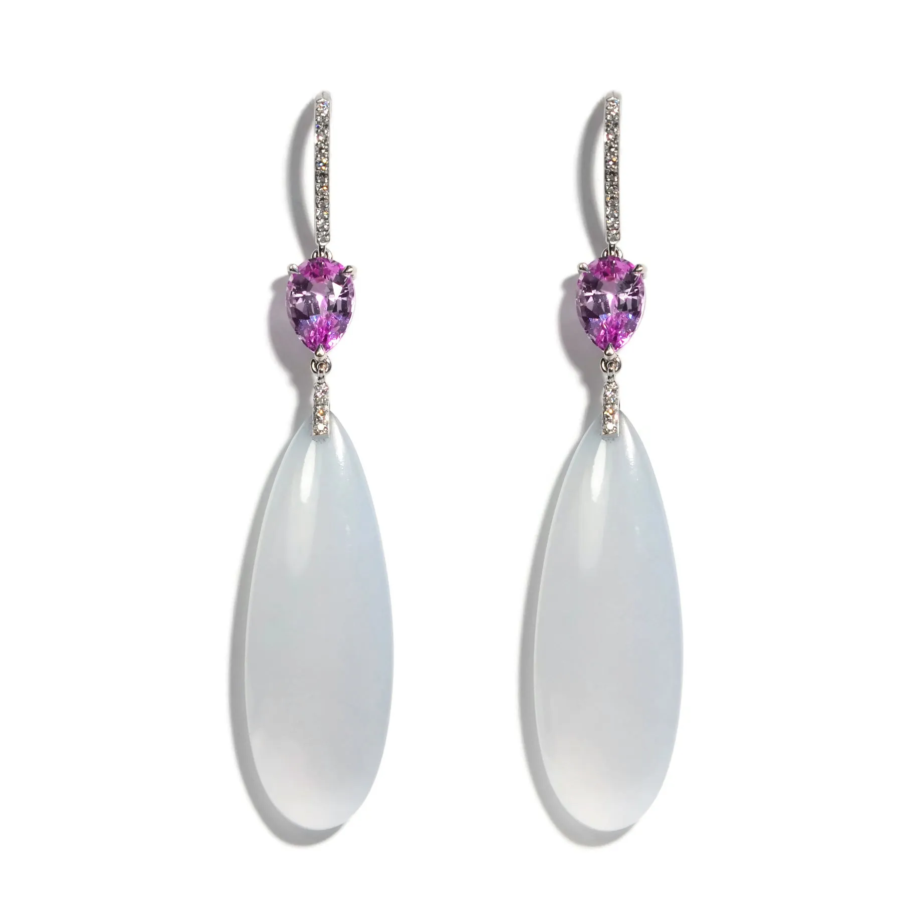 Eclat Jewels - Drop Earrings with Jade, Pink Sapphires and Diamonds, 18k White Gold