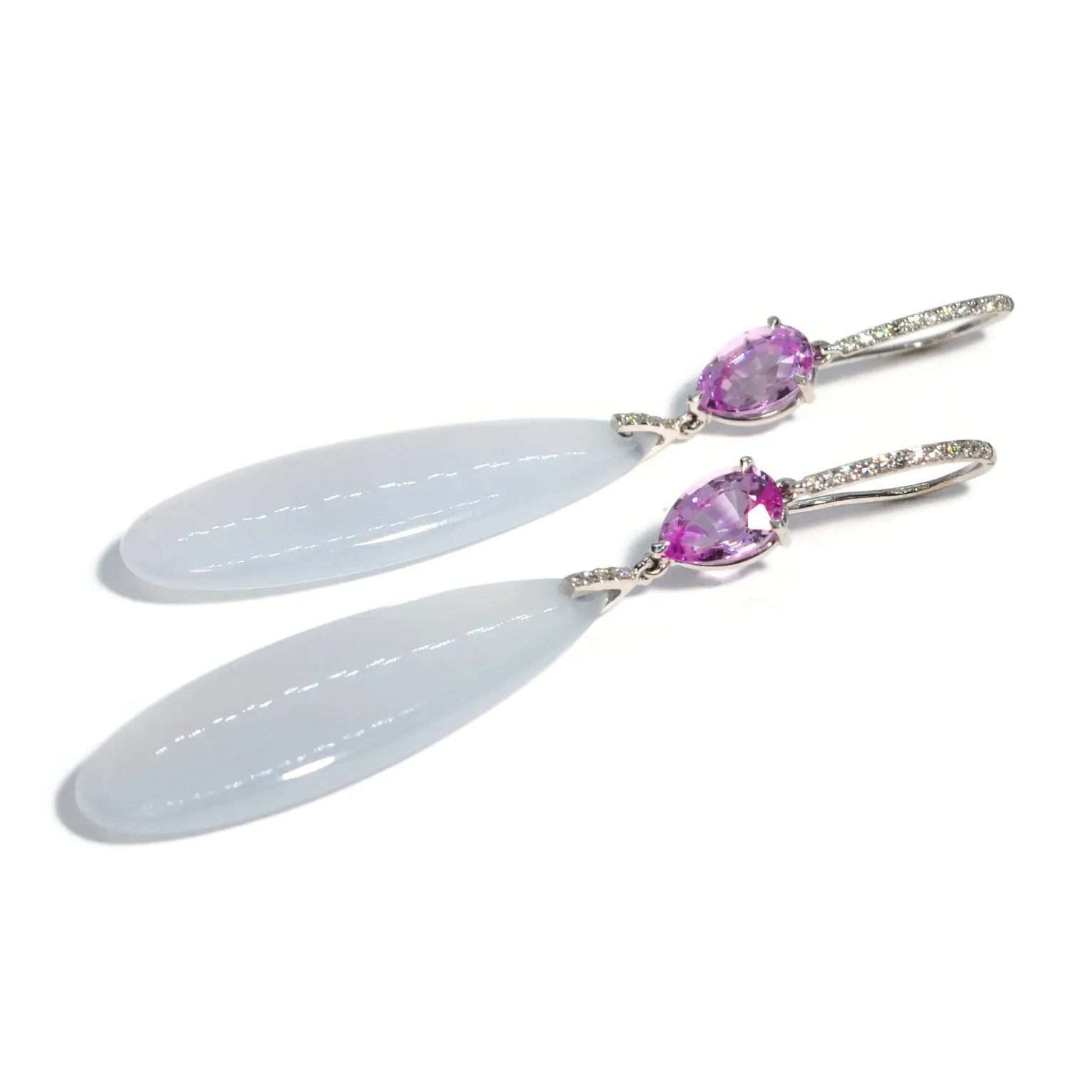 Eclat Jewels - Drop Earrings with Jade, Pink Sapphires and Diamonds, 18k White Gold