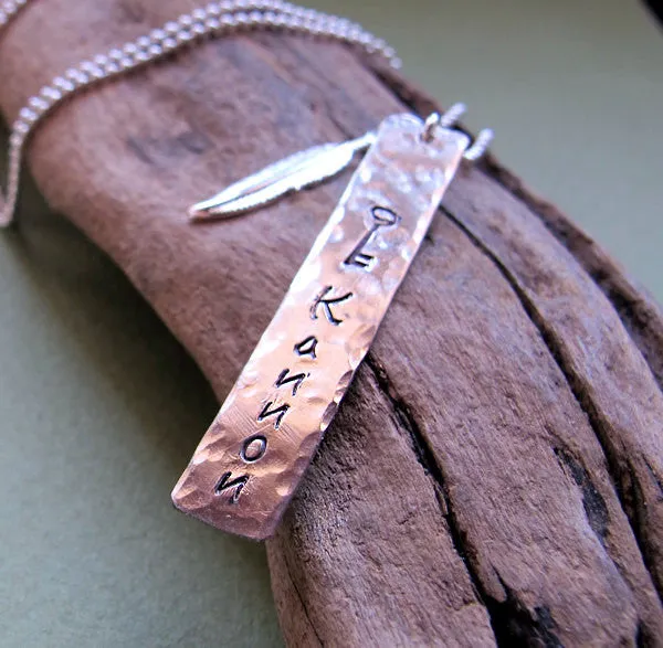 Feather Charm Hand Stamped Tag Necklace