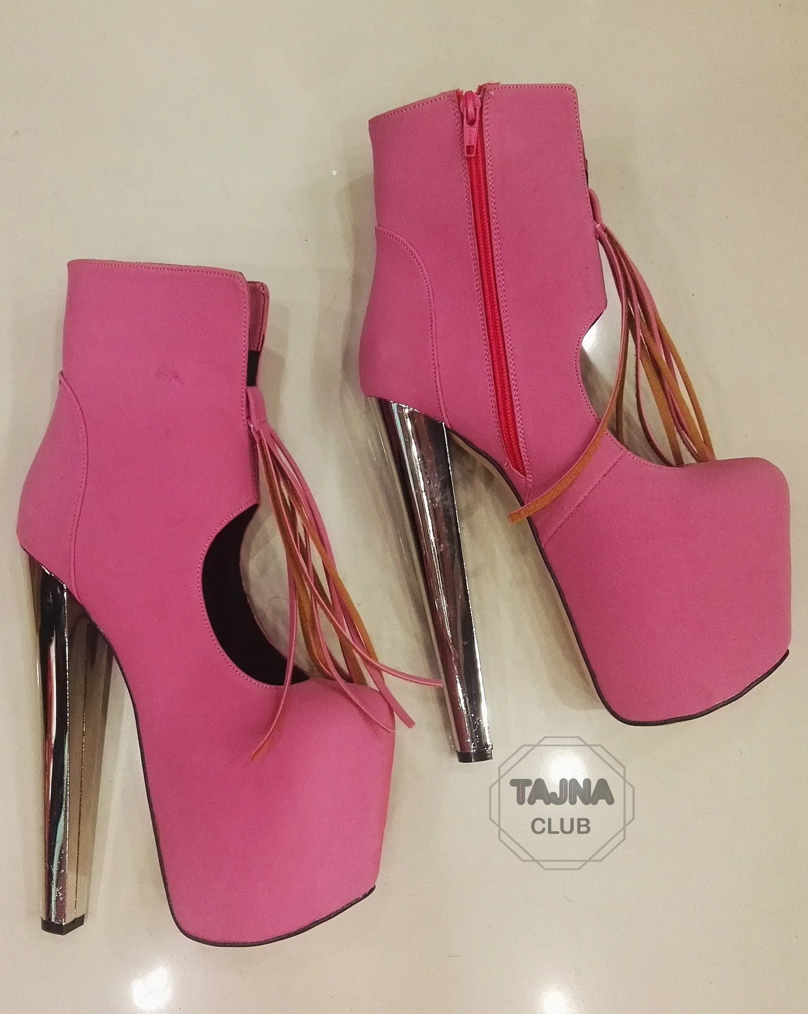 Fringe Pink Metal Heel Platform Pumps