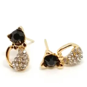 Golden Cat Stud Earrings with Black Crystal (14K Gold Plated)