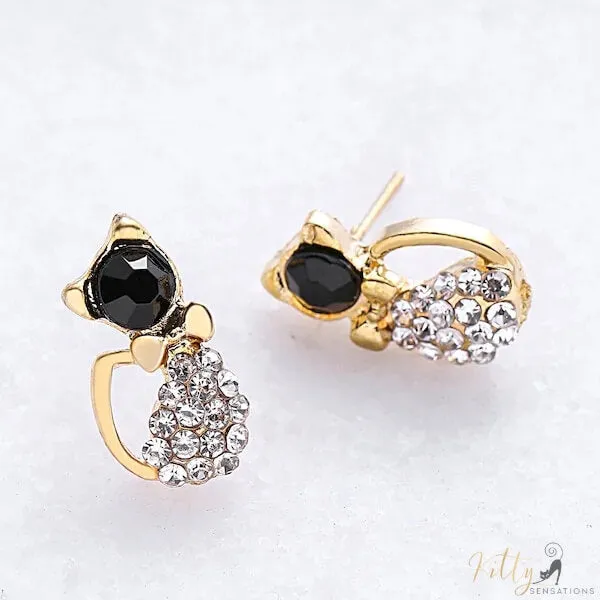 Golden Cat Stud Earrings with Black Crystal (14K Gold Plated)