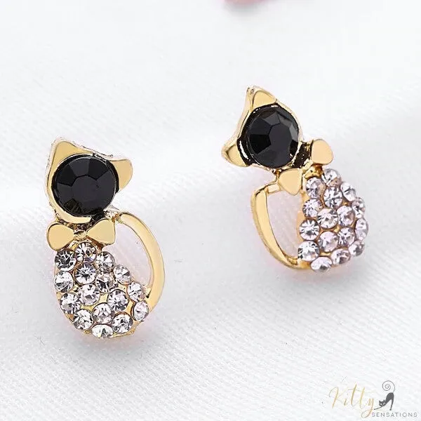 Golden Cat Stud Earrings with Black Crystal (14K Gold Plated)