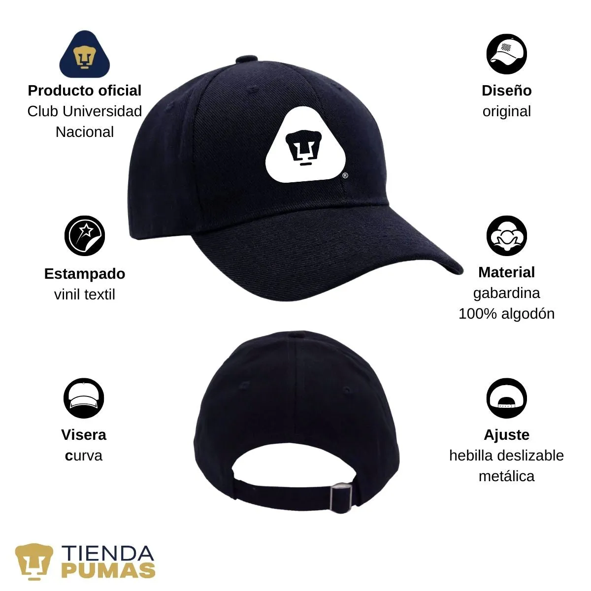 Gorra Pumas UNAM Hombre Mujer Ajustable Emblema Blanco Negro 4 Vinil