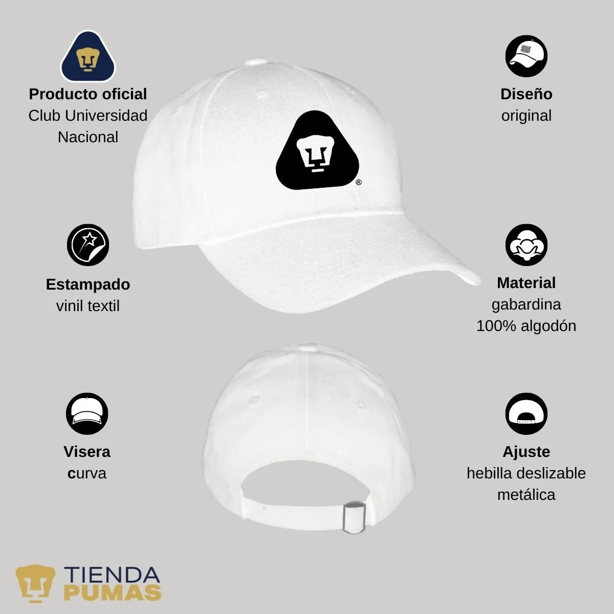 Gorra Pumas UNAM Hombre Mujer Ajustable Emblema Blanco Negro 4 Vinil