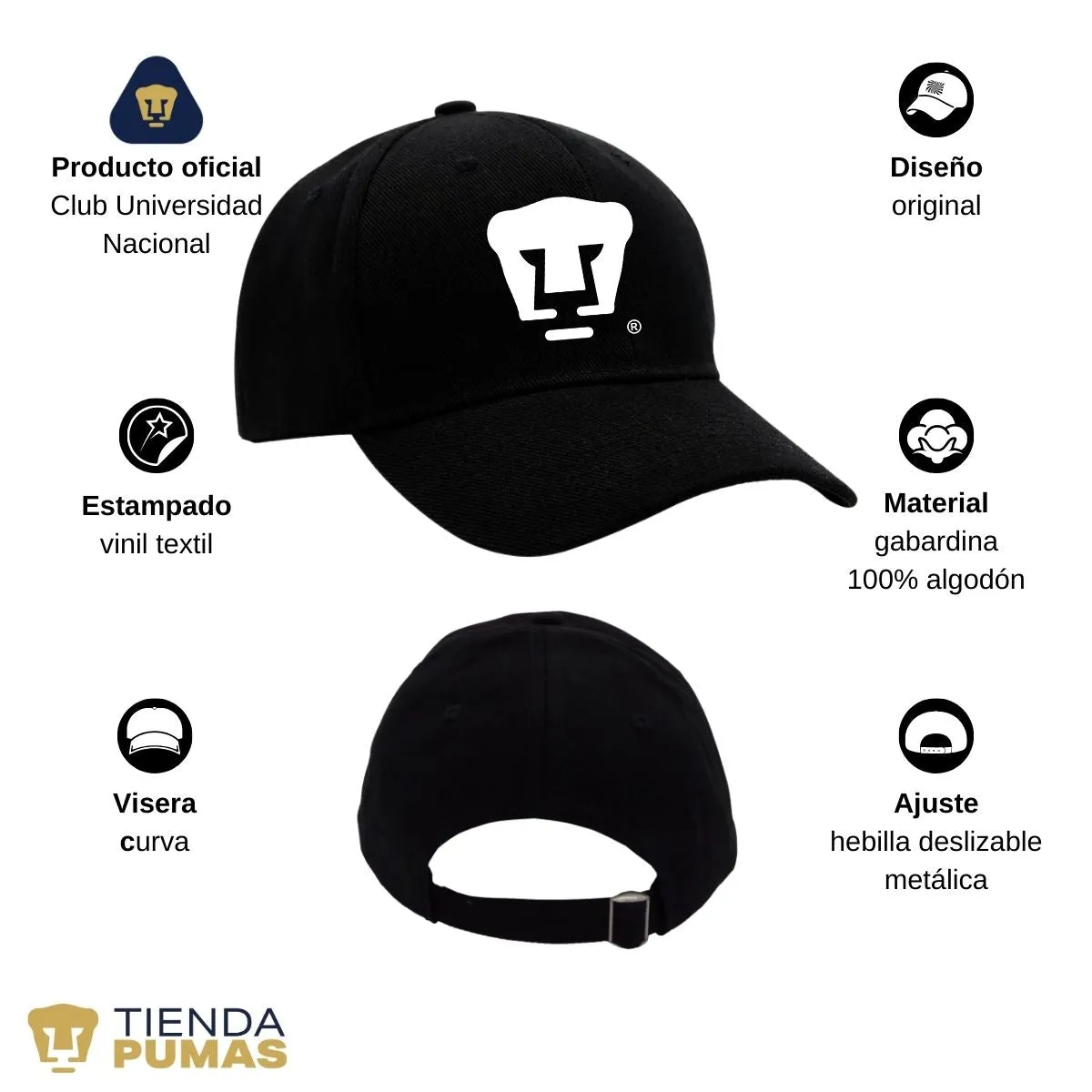 Gorra Pumas UNAM Hombre Mujer Ajustable Logo Blanco Negro 8 Vinil