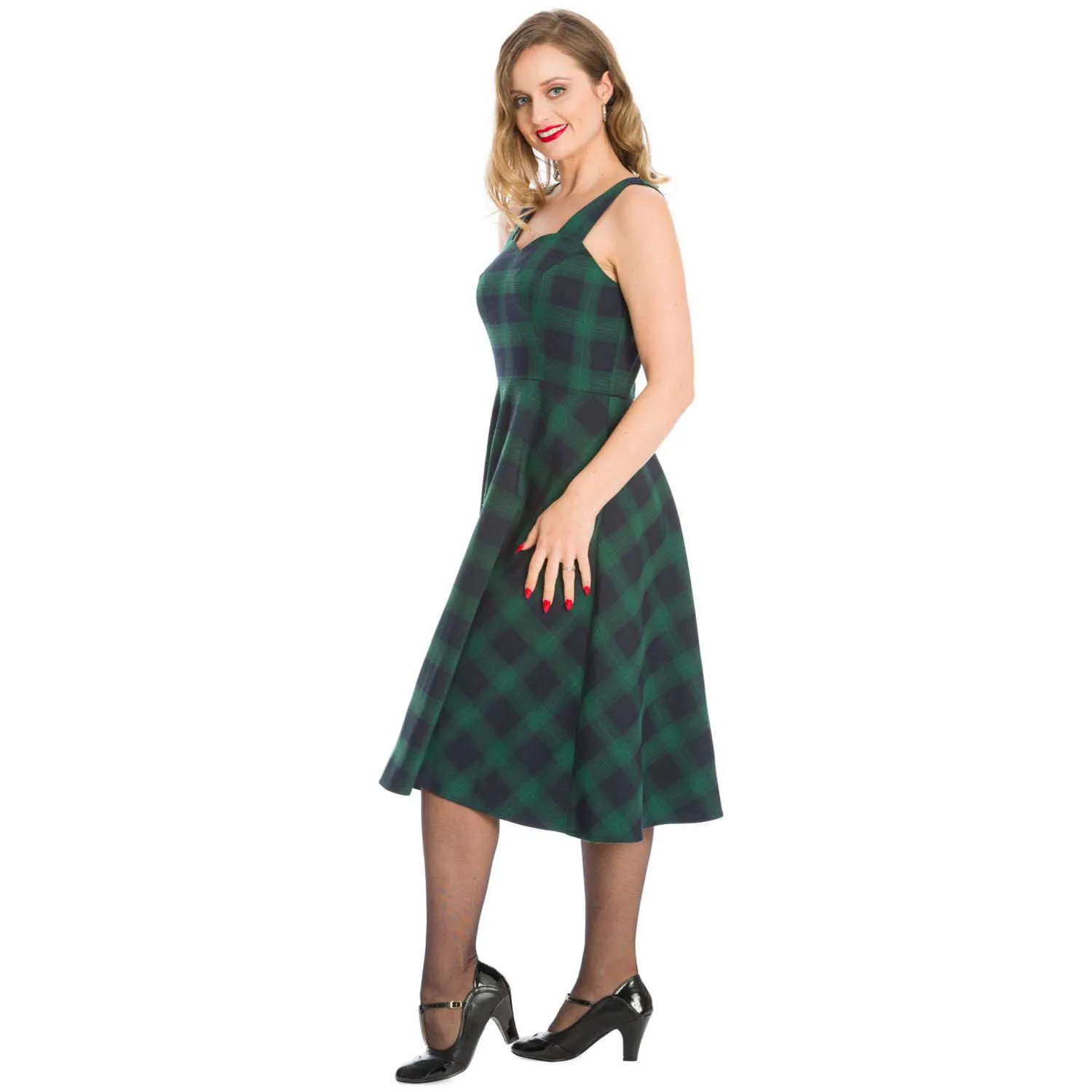 Green And Navy Blue Tartan Check Swing Strap Dress