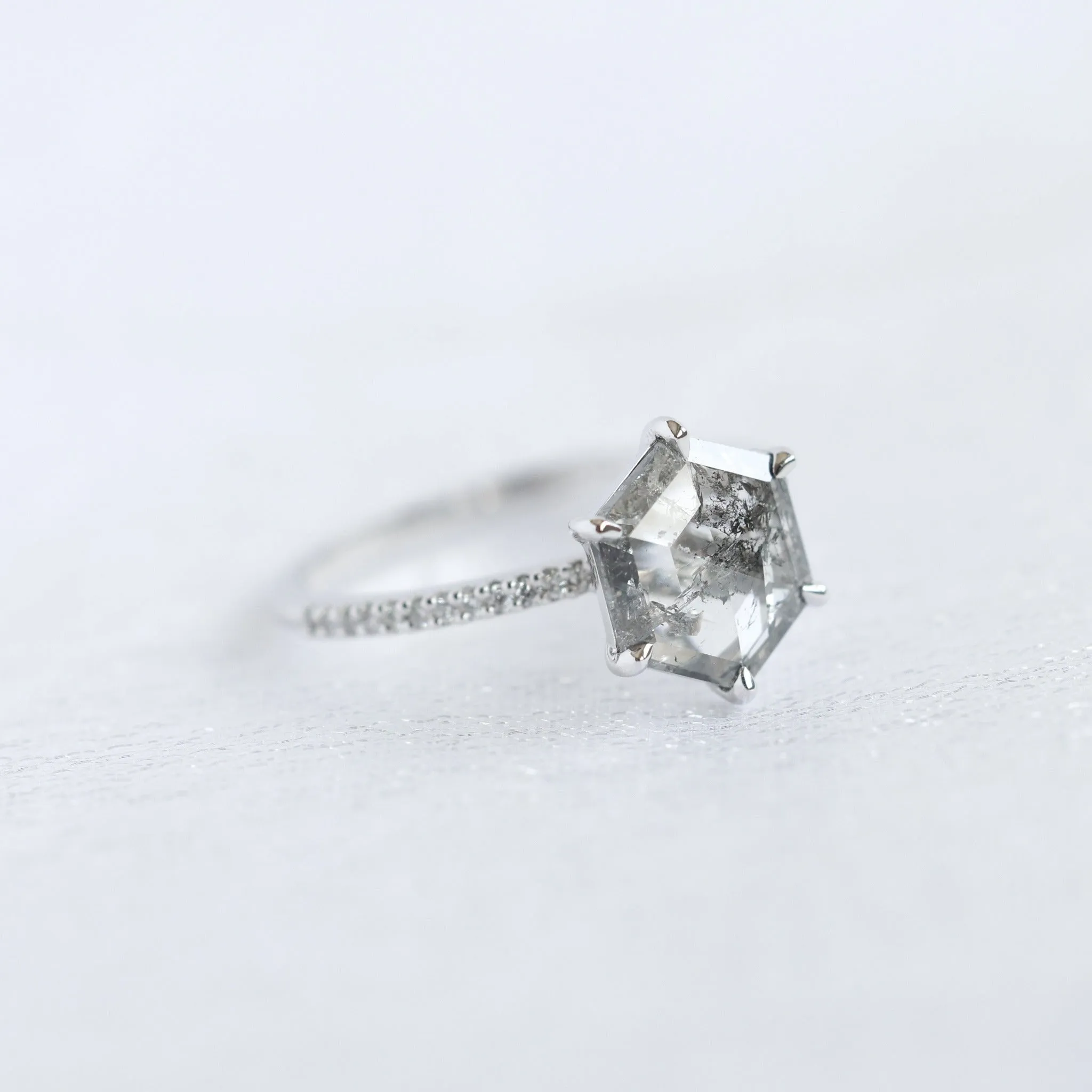 Hexagon Salt And Pepper Diamond Ring With Pave Diamond Band