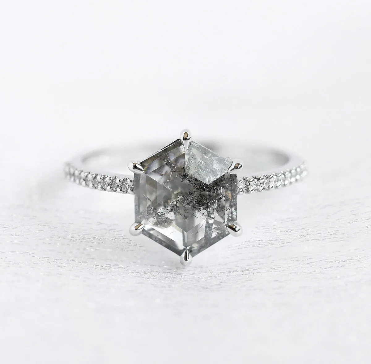 Hexagon Salt And Pepper Diamond Ring With Pave Diamond Band