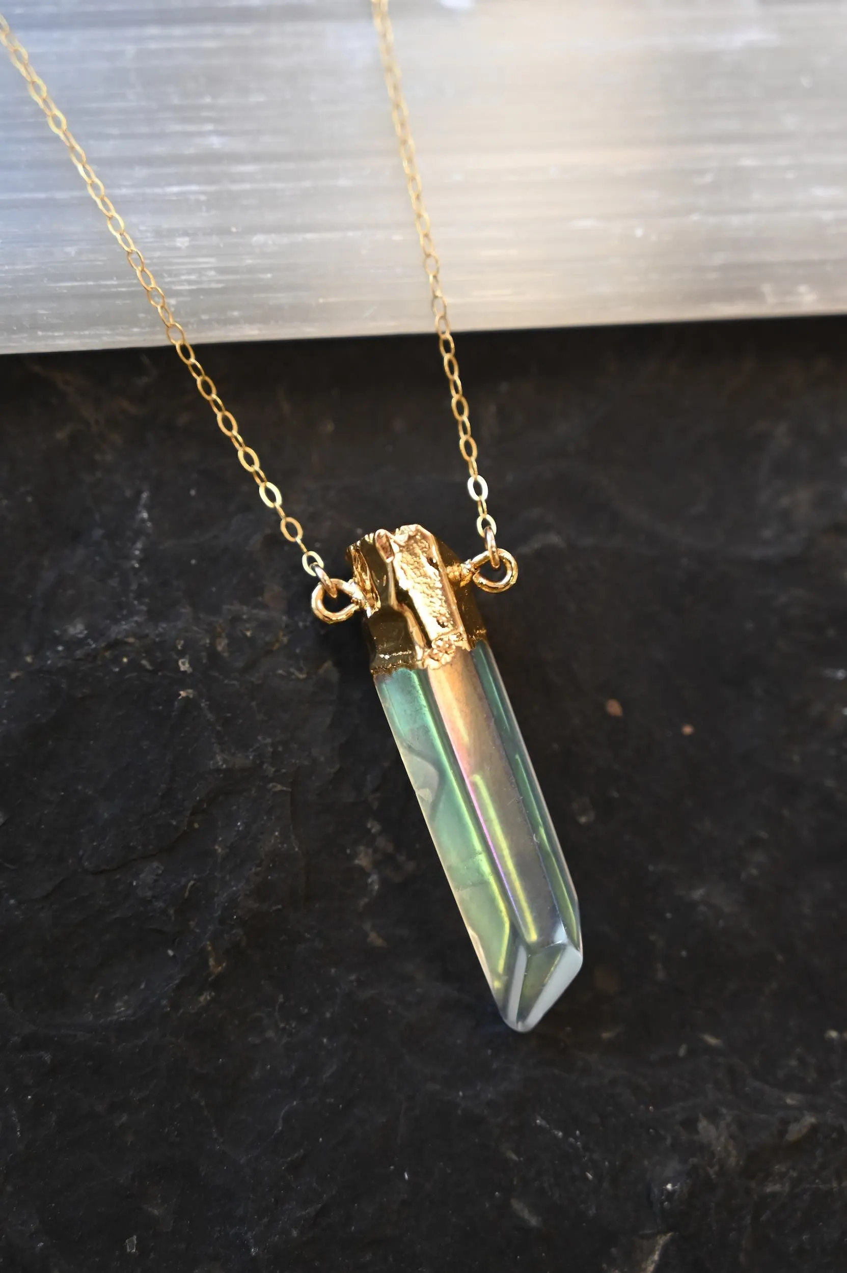 I Am Limitless Angel Aura Quartz Gold Necklace