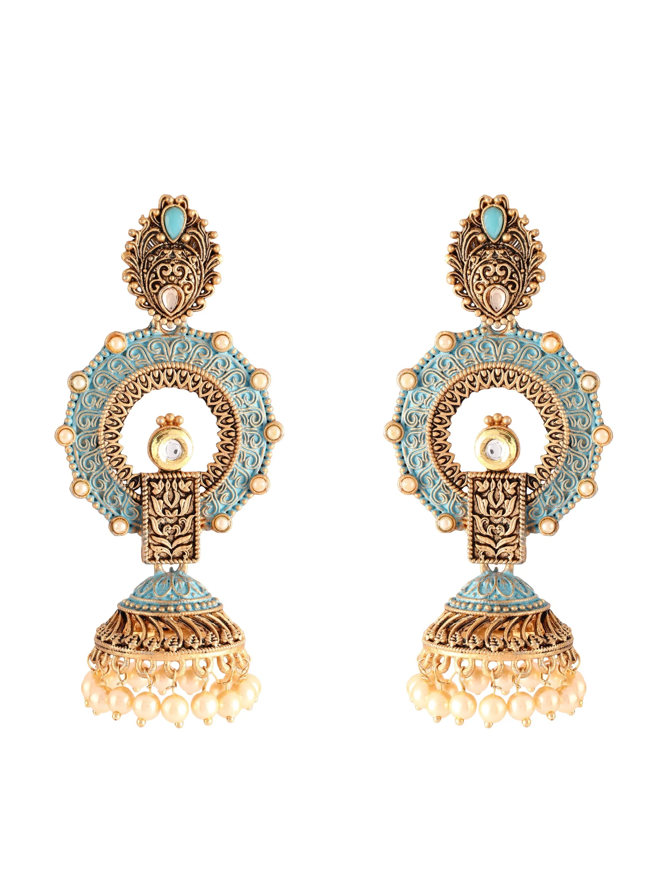 Ishin Gold Toned Blue Meenakari Contemporary Shaped Jhumka