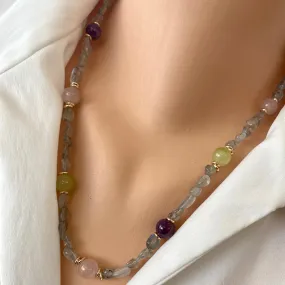 Labradorite Bonbons Necklace w Rose Quartz, Lime Green Jade & Amethyst Accent Beads, Gold Plated, 21in