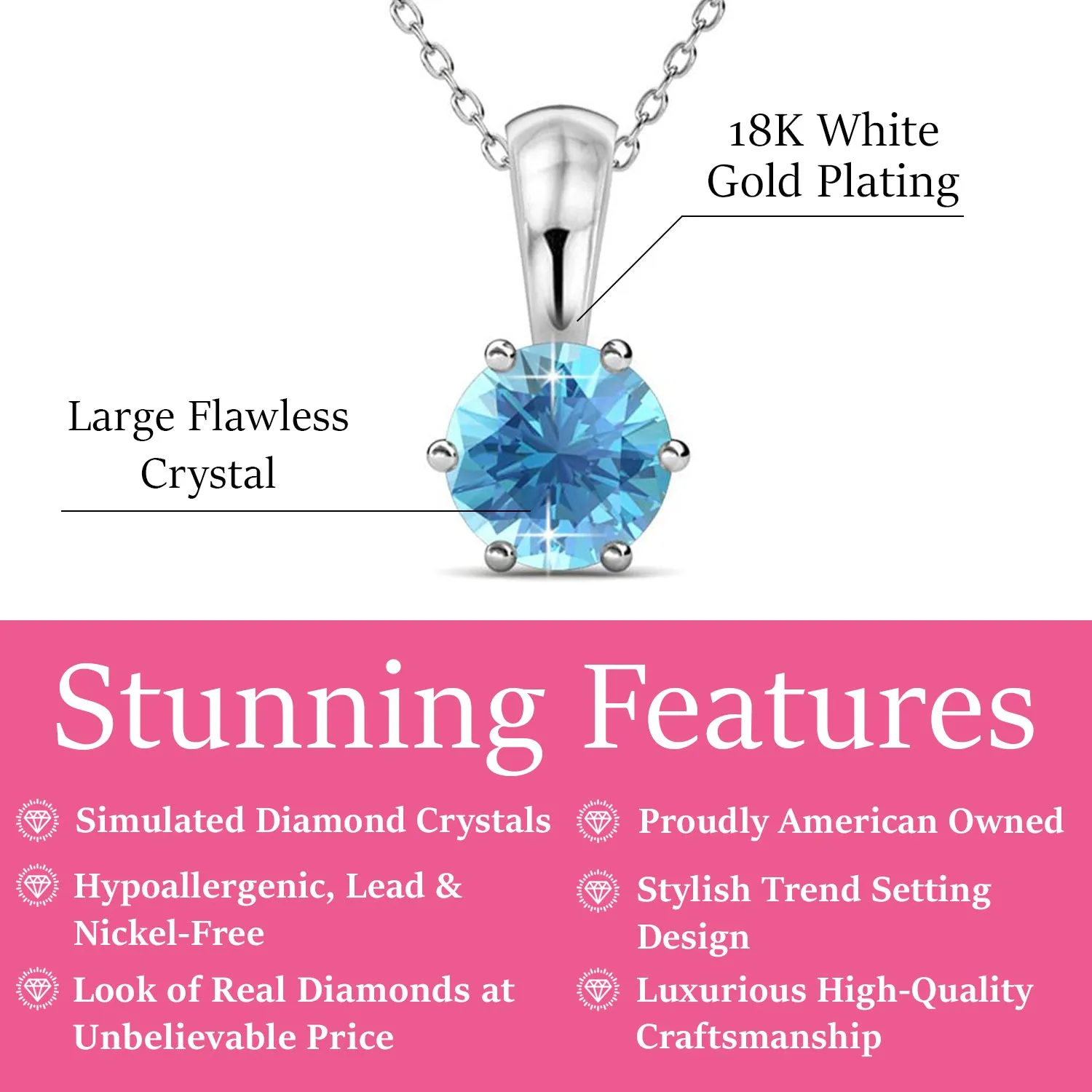 March Birthstone Aquamarine Necklace, 18k White Gold Plated Solitaire Necklace with 1CT Crystal