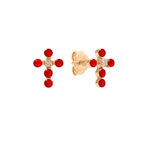 Pearled Cross Diamond Earrings, Ruby, Rose Gold