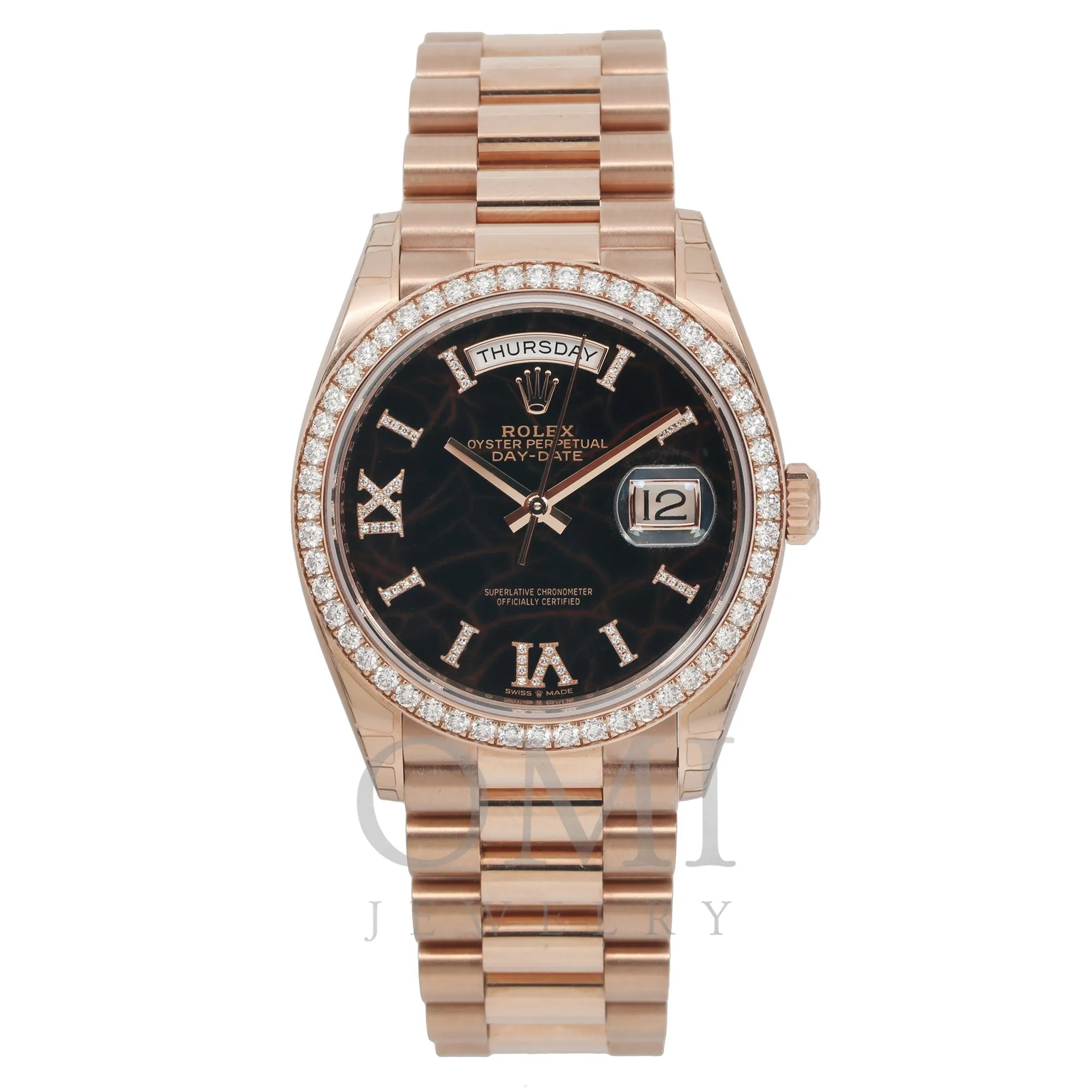 Rolex Day-Date 128345 36MM Marbled Diamond Dial With Rose Gold Diamond Bezel