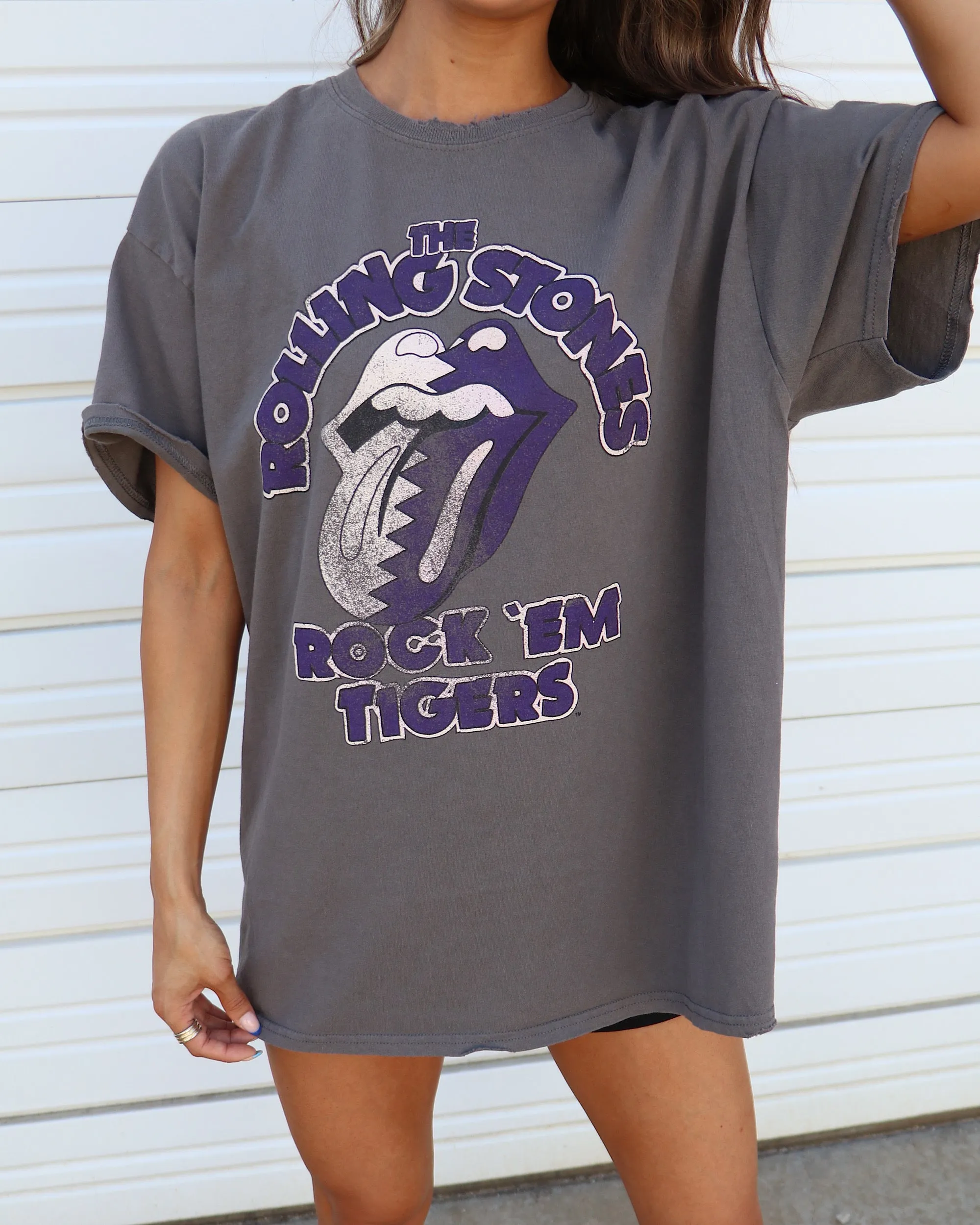 Rolling Stones Rock 'Em LSU Tigers Charcoal Thrifted Tee