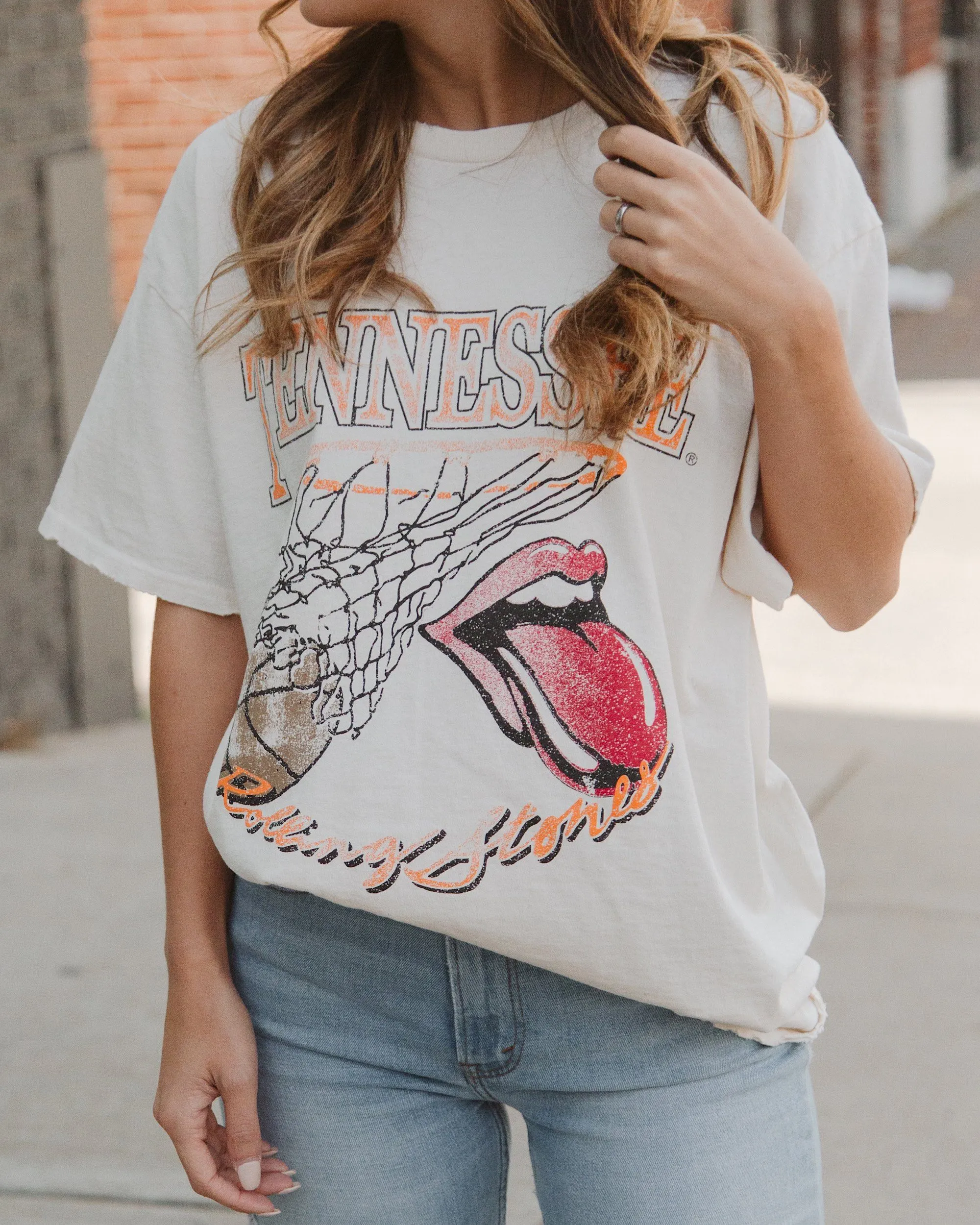 Rolling Stones Volunteers Basketball Net Off White Thrifted Tee