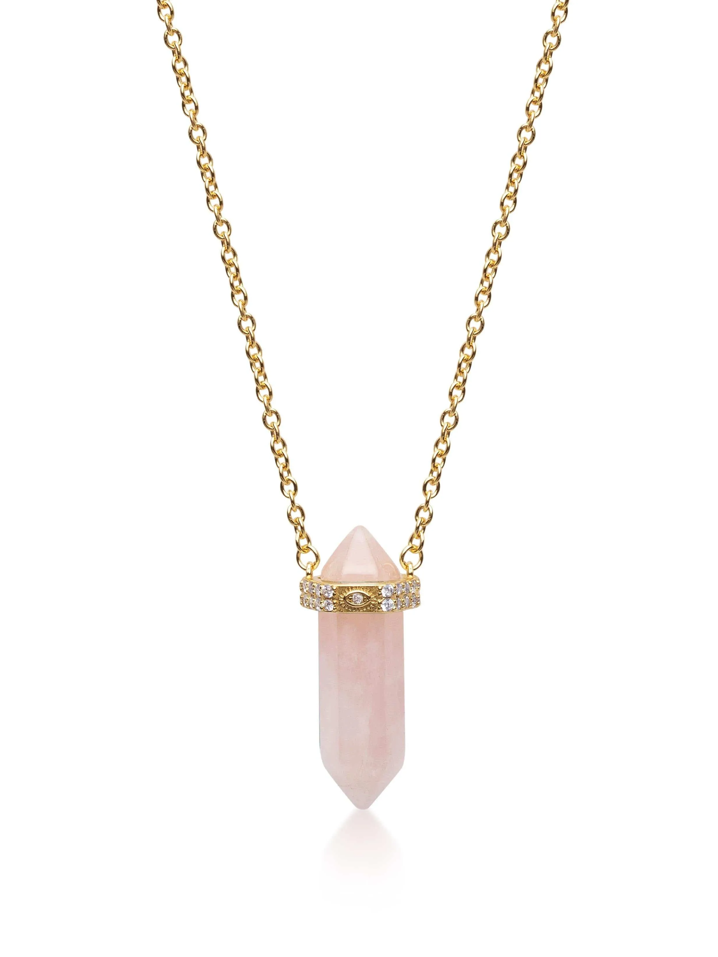 Rose Quartz Crystal Necklace with Engraved Evil Eye Detail