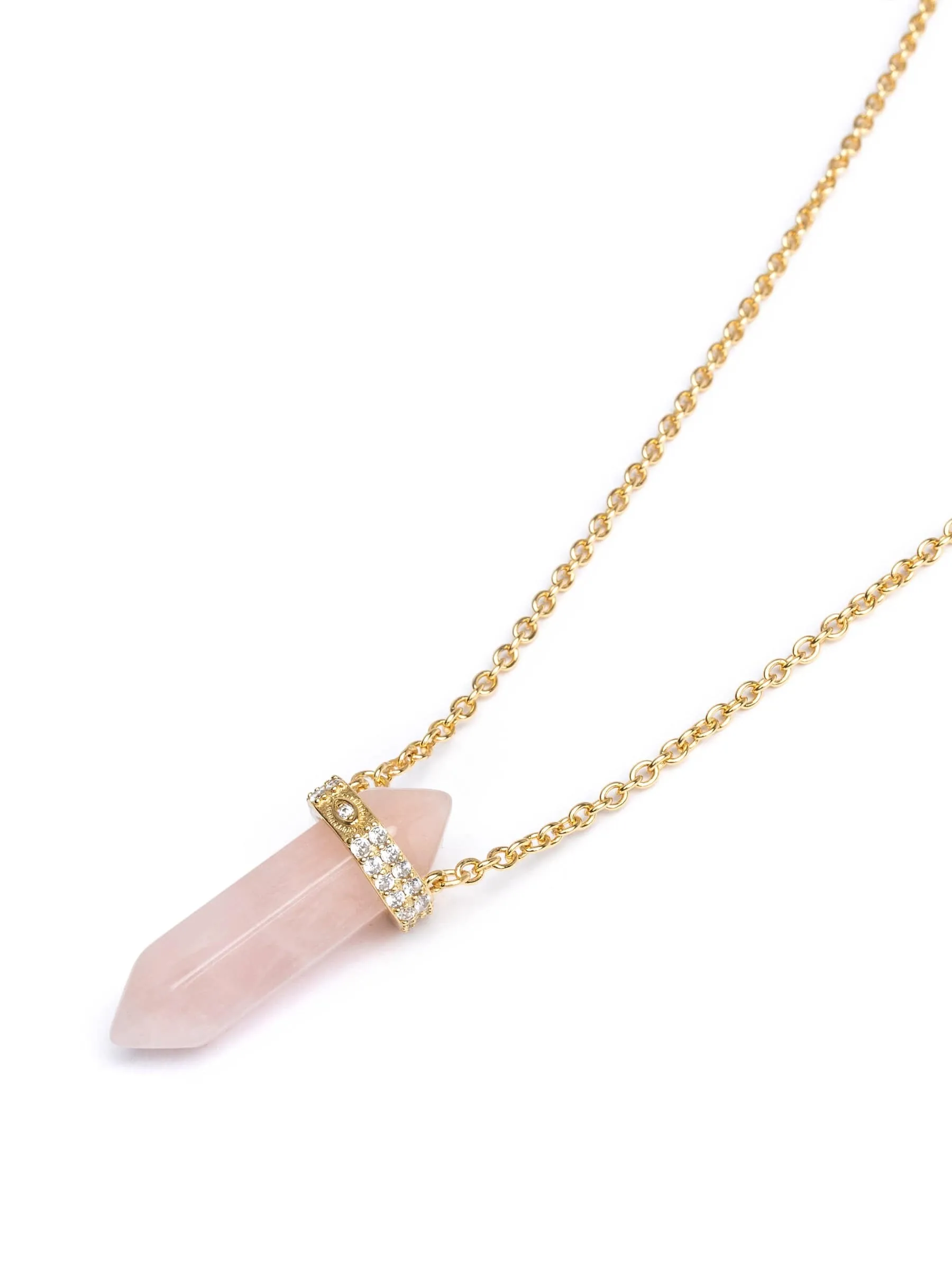 Rose Quartz Crystal Necklace with Engraved Evil Eye Detail