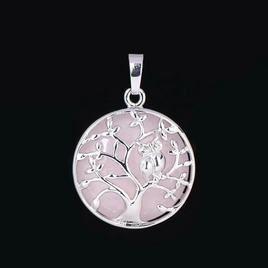 Rose Quartz Tree of Life With Owl Pendant Necklace